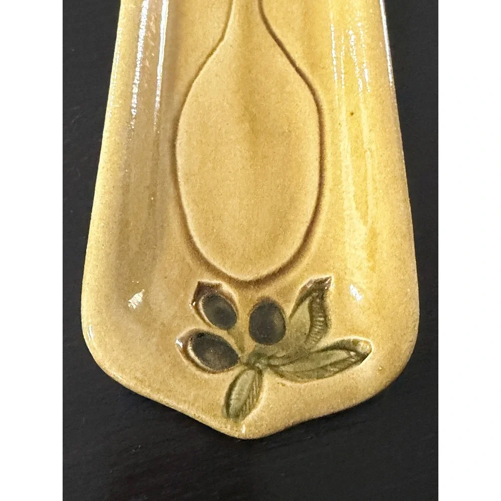Mustard Yellow Ceramic Spoon Rest Olive Branch‎ Motif Rustic Kitchen Decor